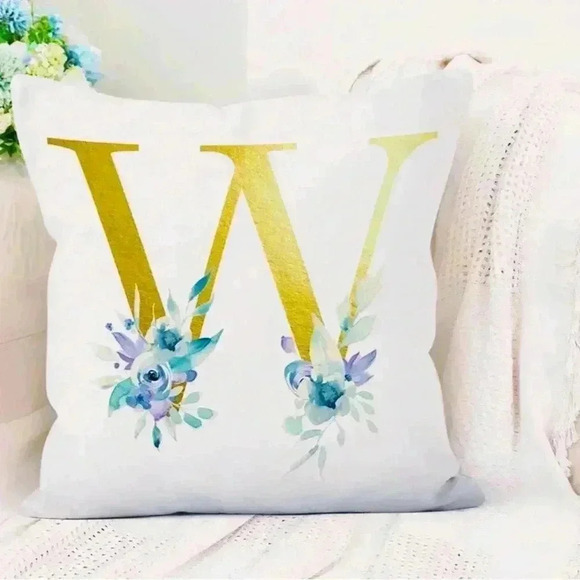 Pillow Covers 18x18” 1 pc W Alphabet Linen White/Gold W Blue Floral Boho Cottage - Picture 4 of 16